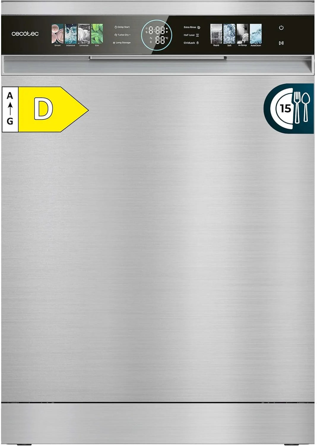 Cecotec Bolero Aguazero 60 cm kompaktowa zmywarka 6320 D, 1900 W, 15 sztućców, 8 programów, wyświetlacz FullColor XXL, Smart Wash, UV Light, Turbo Dry+, AutoClean, Średnie ładowanie, Delay Start