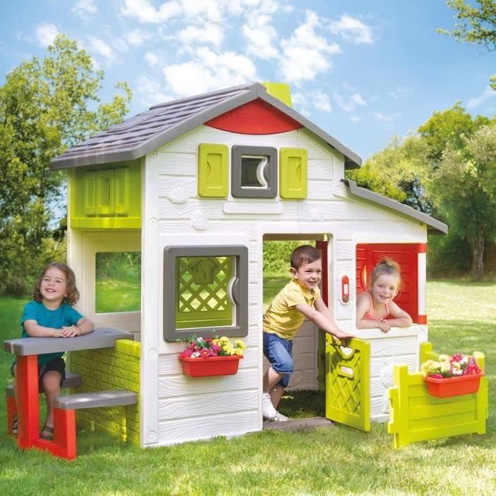 Smoby Life – domek zabaw Friends House EVO z 2 drzwiami, 6 oknami i wyjmowanym stołem piknikowym – wykonany z materiałów pochodzących z recyklingu, z ochroną UV, dla dzieci w wieku od 3 lat (7600810208)