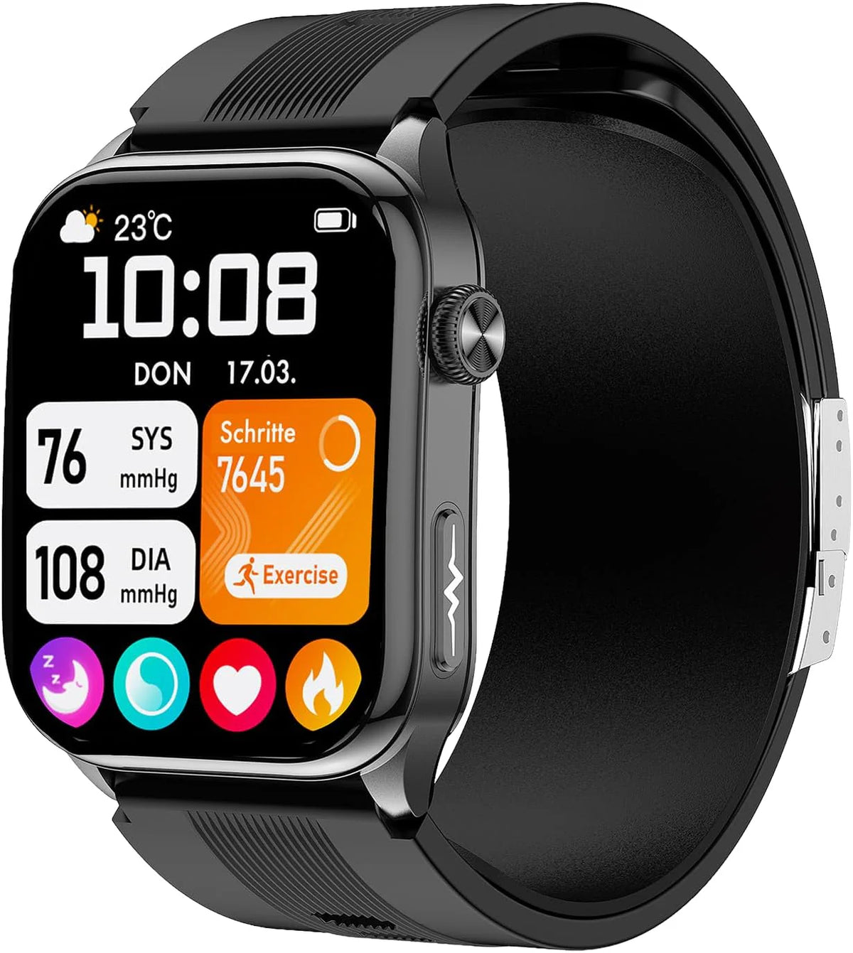 Knauermann PRO 4 Air (2026) Smartwatch i tracker fitness dla kobiet i mężczyzn, AMOLED zawsze włączony, IP66, Bluetooth 5.3, bateria do 25 dni, Android i iOS, czarny, kwadratowy, silikonowy pasek