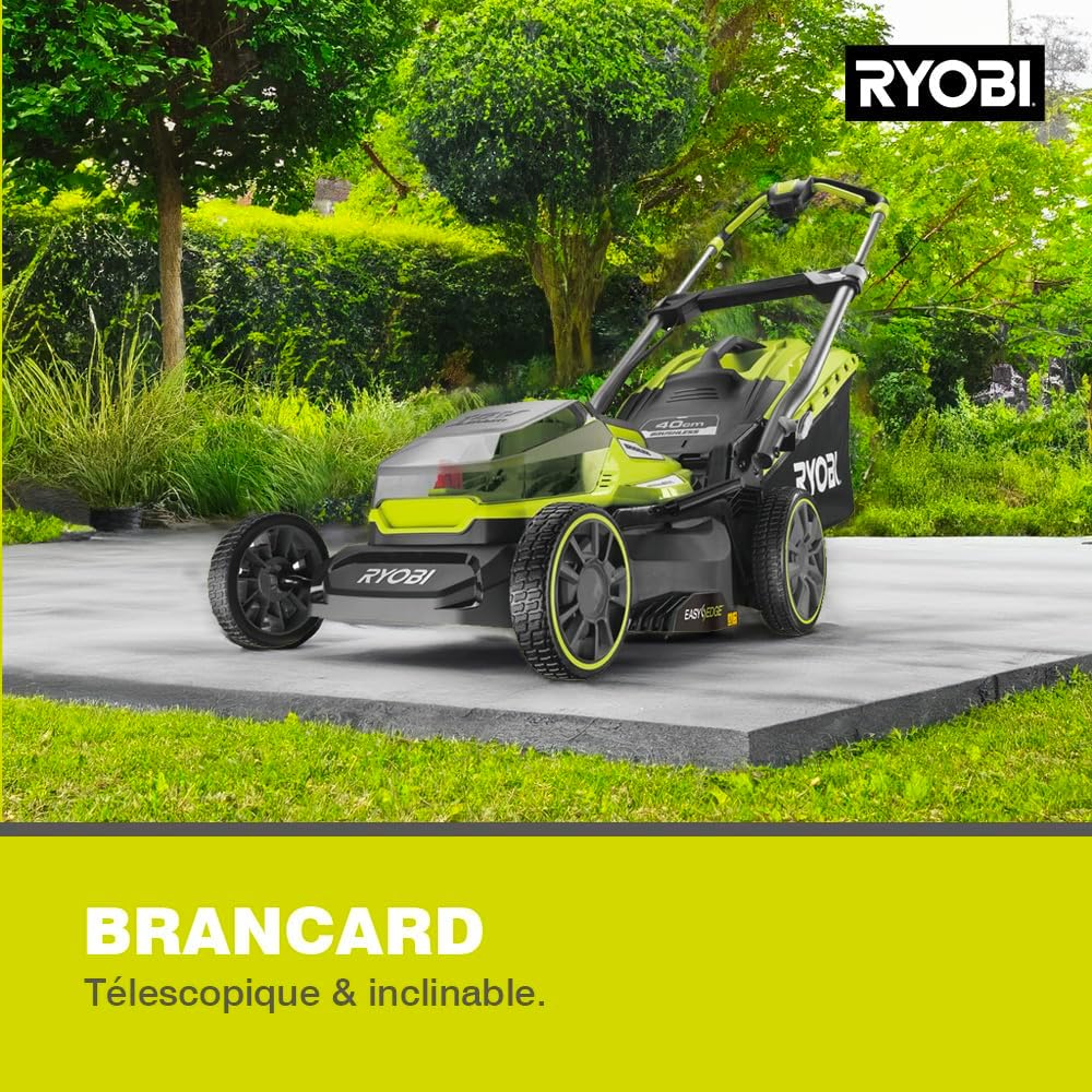 Ryobi Kosiarka 18 V, ‎RY18LMX40A-150, Silnik Bezszczotkowy, Szerokość Koszenia 40 cm, Regulacja Wysokości Koszenia, min. 25 mm, maks. 70 mm, Funkcja Mulczowania, Teleskopowa Rękojeść