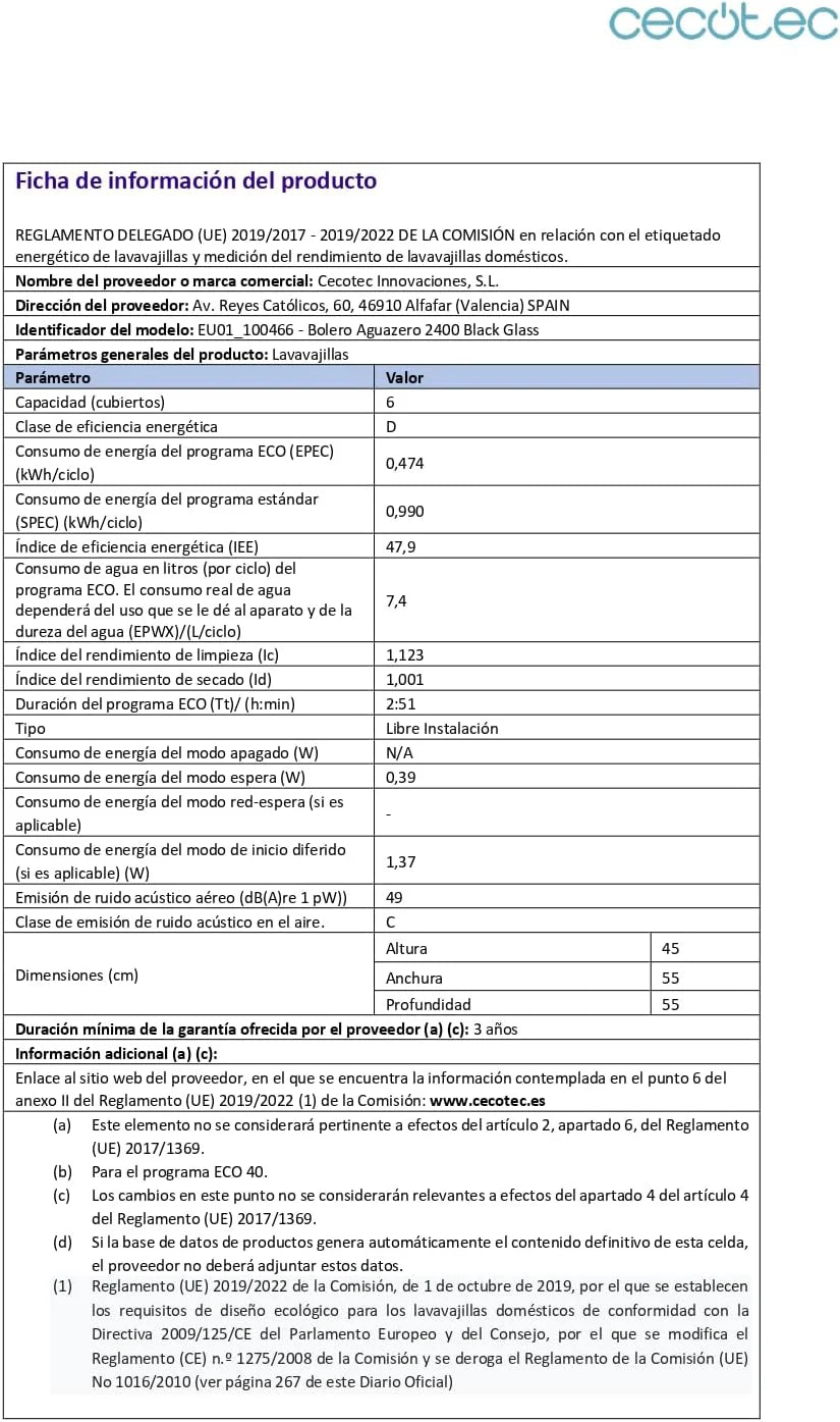 Cecotec Kompaktowa zmywarka 6 sztućców Bolero Aguazero 2400 White Glass. 1380W, białe szkło wykończone, 5 programów, panel dotykowy sterowania, programowalny do 24 h, blokada Child Lock i kosz na
