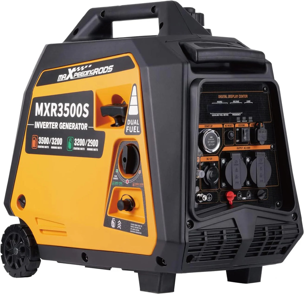maXpeedingrods Generator falownika 3500 W, podwójny paliwo, 4-suwowy, z USB i gniazdami 230 V, generator prądu, cyfrowy, cichy, lekki, na kemping, podróż, garaż