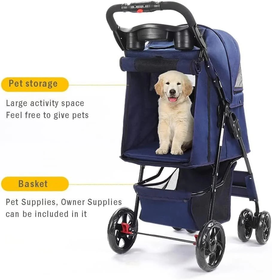 Lekki Wózek Dla Małych Średnich Psów/kotów Składany Wózek Dla Psa Premium Pet Travel Pram Stroller Z Uchwytem Na Kubek Wózek Dla Kota Pushchair (Color : Black)