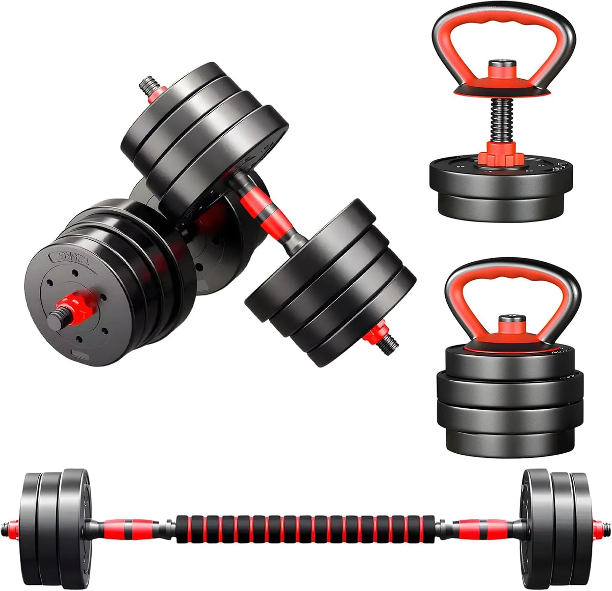 Regulowany zestaw hantli, zestaw do swobodnego ciężaru ze złączem, zestaw hantli 4 w 1, używany jako sztanga, kettlebell, uchwyt push-up, ćwiczenia fitness do domowej siłowni odpowiednie dla mężczyzn