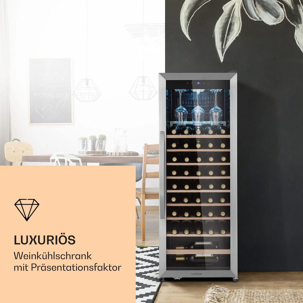 Klarstein Vinamour chłodziarka do wina ze szklanymi drzwiami - 2 programowalne strefy chłodzenia, wyświetlacz LCD, dotykowy, klasa efektywności energetycznej G, oświetlenie wewnętrzne LED, 39 dB, pojemność: 65 litrów / 19 butelek, kolor czarny