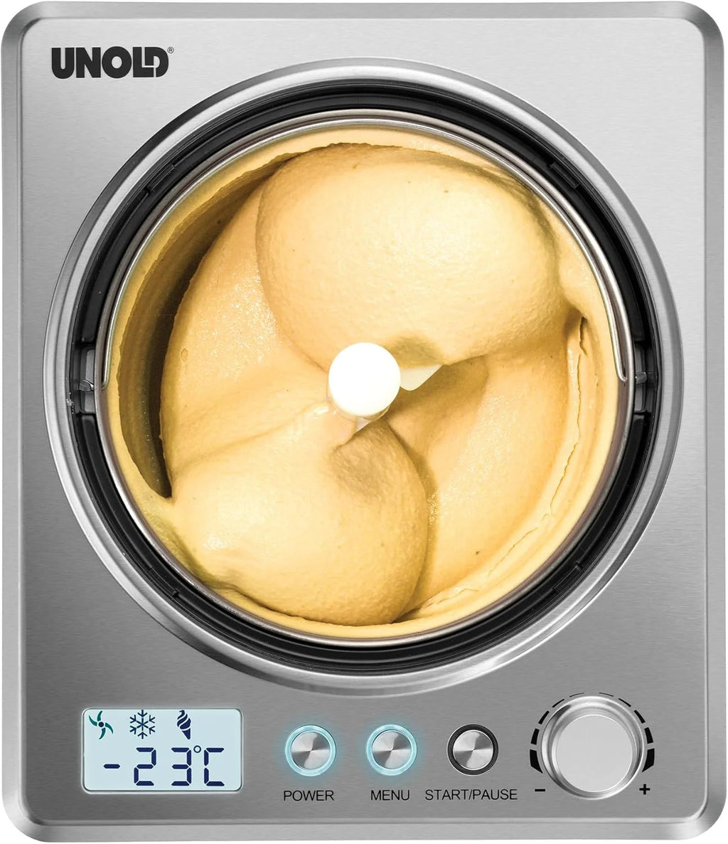 Unold 48880 Maszyna do lodów Profi Plus, 2,5 l, stal nierdzewna, w pełni automatyczna, sprężarka samochłodząca, wyświetlacz LCD, timer, również do lodów wegańskich, bezlaktozowych i zawierających stewię