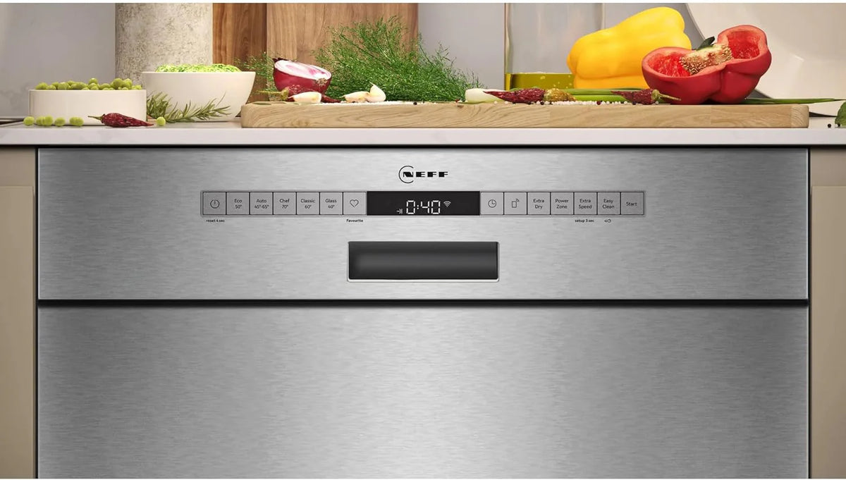 Neff S125EBS16E, N 50, inteligentna zmywarka do naczyń 60 cm, do zmywarki, wyprodukowano w Niemczech, kosz na sztućce, bardzo cichy, otwarty, intensywne czyszczenie w 70ºC, ulubiona, stal