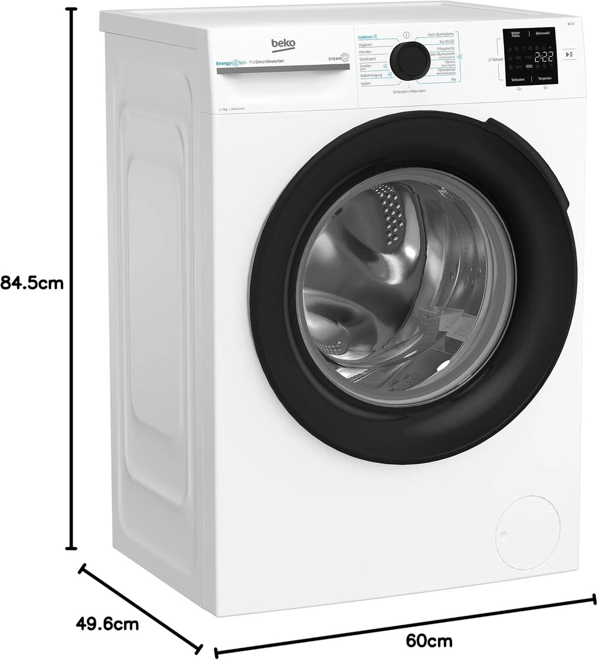 Beko BM3WFU3741X pralka wolnostojąca, 7 kg, EnergySpin, wybór wirowania 1400 obr./min, funkcja pary, higiena + nadaje się dla alergików, oszczędność wody i czasu, kolor biały