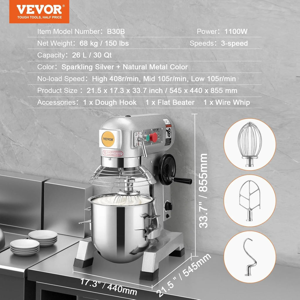 VEVOR Komercyjny Mikser Stojący na Żywność 1500 W Elektryczny Mikser do Żywności 33 L Handlowy Mikser Stojący W Zestawie 3 Mieszadła Jest Stosowany w Restauracjach Hotelach Pizzeriach Piekarniach itp