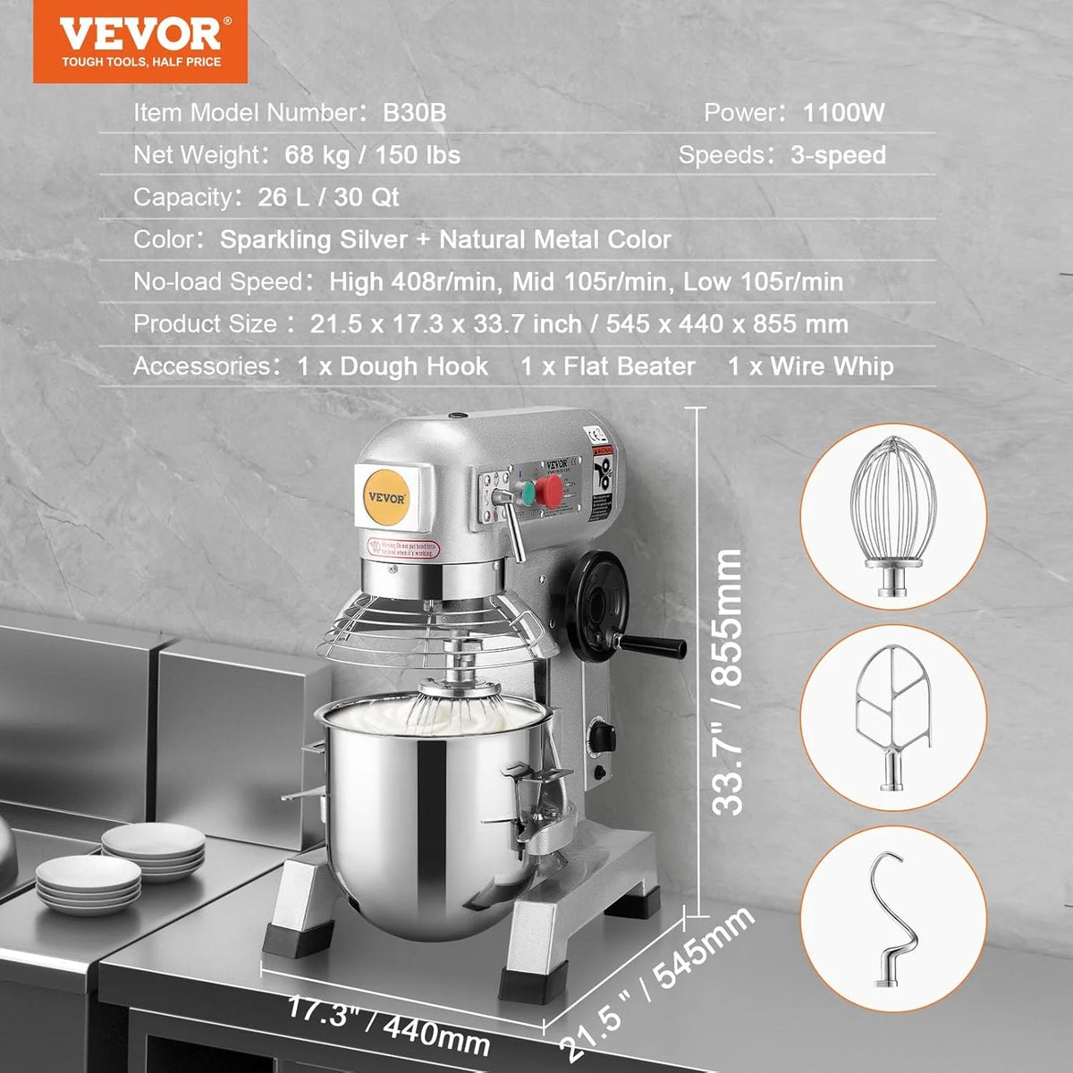 VEVOR Komercyjny Mikser Stojący na Żywność 1500 W Elektryczny Mikser do Żywności 33 L Handlowy Mikser Stojący W Zestawie 3 Mieszadła Jest Stosowany w Restauracjach Hotelach Pizzeriach Piekarniach itp
