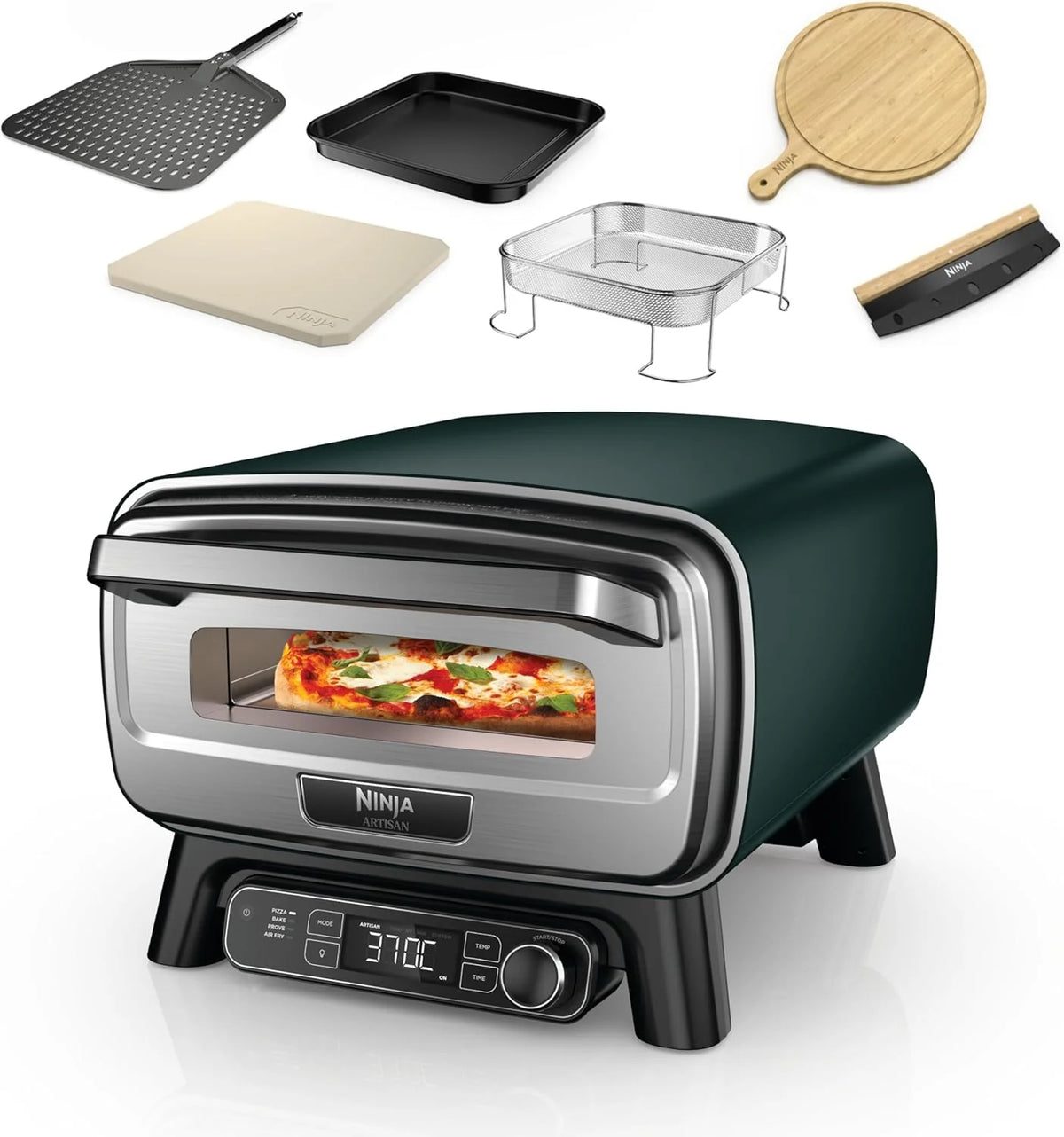 Ninja Artisan elektryczny zewnętrzny piec do pizzy i frytkownica beztłuszczowa z 4 funkcjami gotowania, deska do serwowania, nóż, kamień do pizzy 30 cm, łopata, blacha i kosz, zielony MO201AMZEU