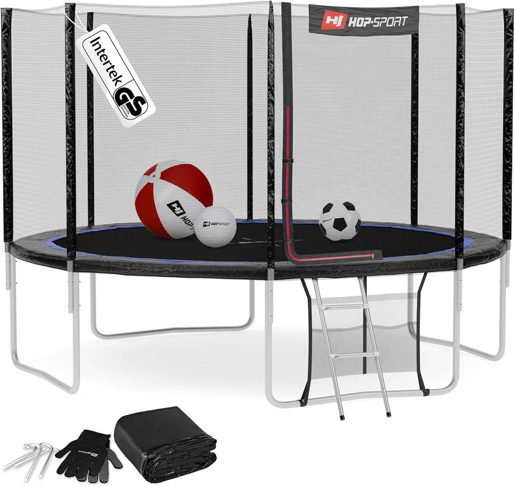 Hop-Sport Trampolina ogrodowa – Komplet trampoliny z podwójnymi nogami w kształcie litery U, zewntrzną siatką, matą do skakania, drabinką ora dodatkowymi akcesoriami, Ø 244/305/366/427/488 cm