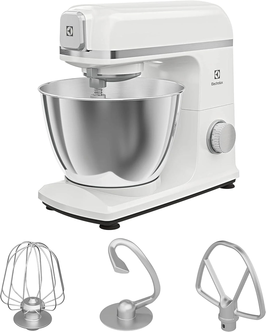 Electrolux Robot Kuchenny 1200 W, 10 prędkości + f. pulsacyjna, Oświetlenie LED misy, 2 misy o pojemności 4,8l i 2,9l, W Zestawie: Hak, Trzepaczka, Ubijaczka, Silikonowa Łyżka, Pokrywa, EKM5570,Beżowy