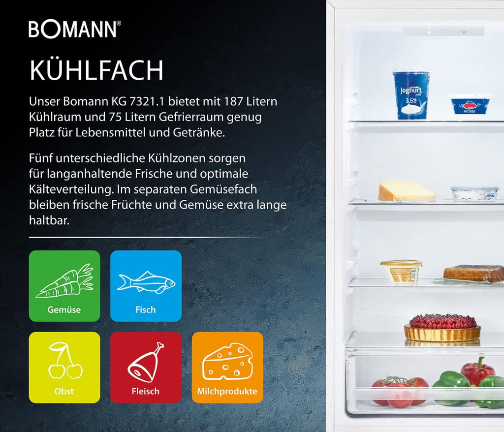 Bomann® Lodówko-zamrażarka, pojemność użytkowa 269 l – chłodzenie: 198 l | zamrażanie: 71 l, energooszczędna, cicha praca 39 dB, LED, wymienne zawiasy drzwiowe, wysokość: 180 x szerokość: 55 x