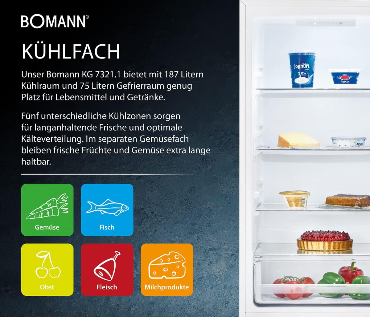 Bomann® Lodówko-zamrażarka, pojemność użytkowa 269 l – chłodzenie: 198 l | zamrażanie: 71 l, energooszczędna, cicha praca 39 dB, LED, wymienne zawiasy drzwiowe, wysokość: 180 x szerokość: 55 x