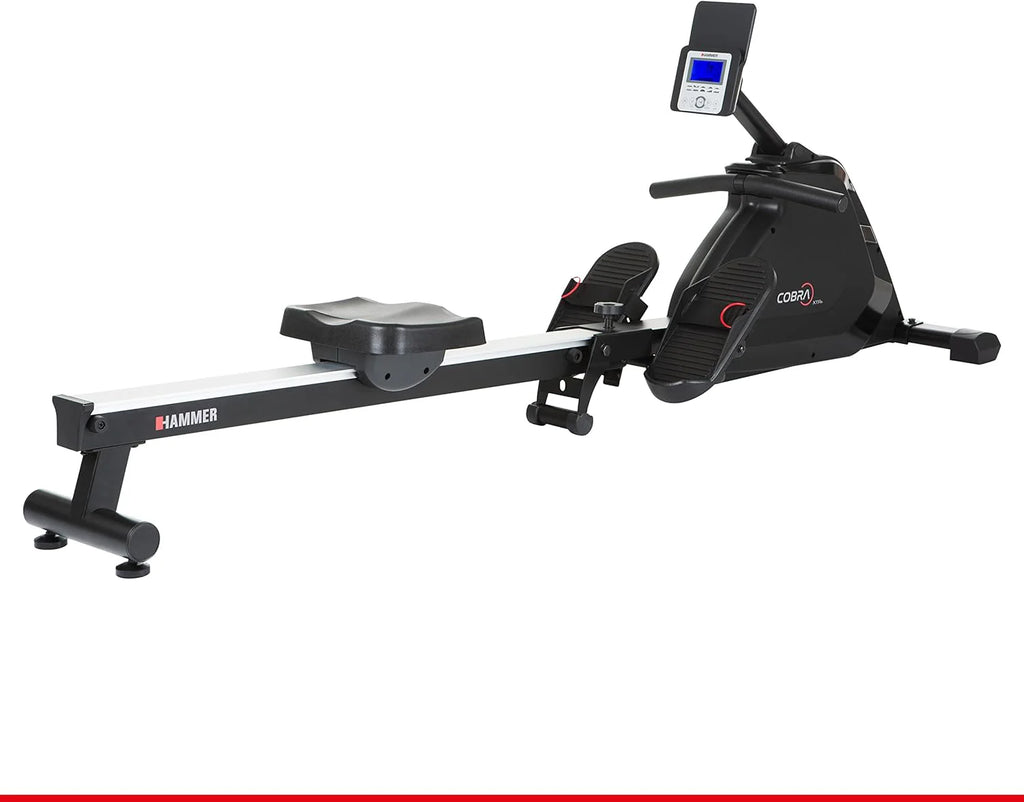 HAMMER Wioślarz Cobra XTR Plus II do domu – wioślarz z innowacyjnym komputerem treningowym, uchwytem na smartfon/tablet, do 130 kg wagi użytkownika, 232 x 55 x 75 cm, kolor czarny, 4532