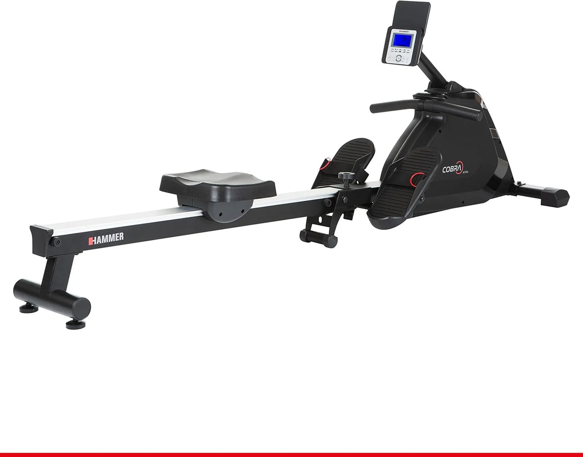 HAMMER Wioślarz Cobra XTR Plus II do domu – wioślarz z innowacyjnym komputerem treningowym, uchwytem na smartfon/tablet, do 130 kg wagi użytkownika, 232 x 55 x 75 cm, kolor czarny, 4532