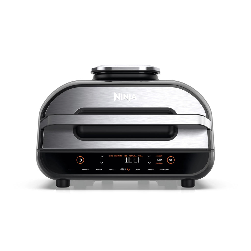 Ninja Foodi MAX PRO Grill, płaska płyta i frytkownica beztluszczowa z cyfrową sondą kuchenną i termometrem, 3,8 l, 7 funkcji gotowania w 1, części można myć w zmywarce, srebrno/czarny, AG651EU
