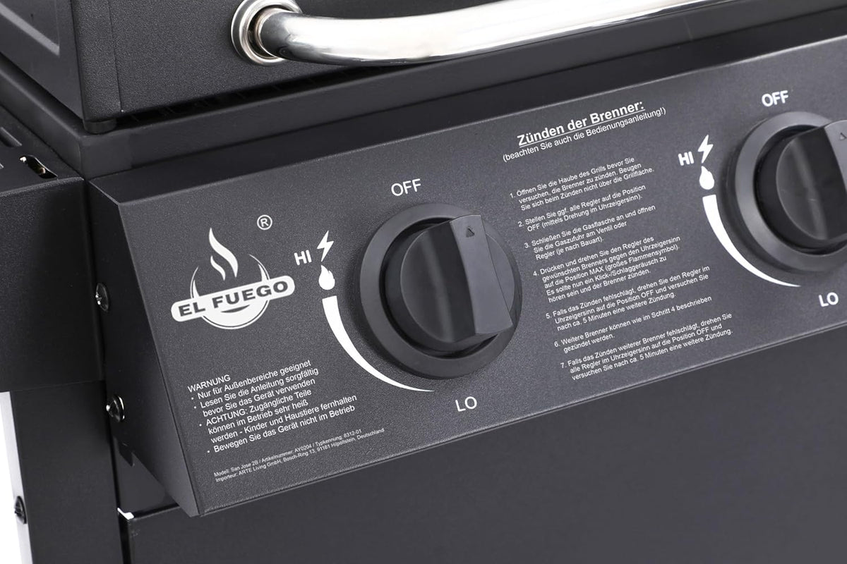 Grill gazowy San Jose 2 palniki firmy El Fuego®, w zestawie wąż gazowy i reduktor ciśnienia, ruszt do grillowania z żeliwa, z termometrem i dużymi półkami bocznymi, grill BBQ | AY0204
