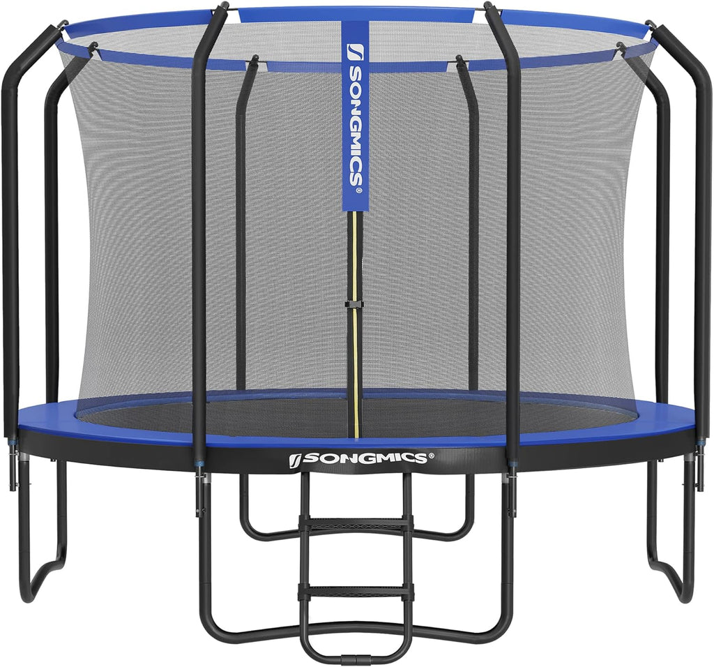 SONGMICS Trampolina Ø 366 cm, trampolina ogrodowa dla dzieci z siatką zabezpieczającą, drążki o wysokości 180 cm, osłona krawędzi, drabinka, rama stalowa, czarno-niebieski STR123Q01