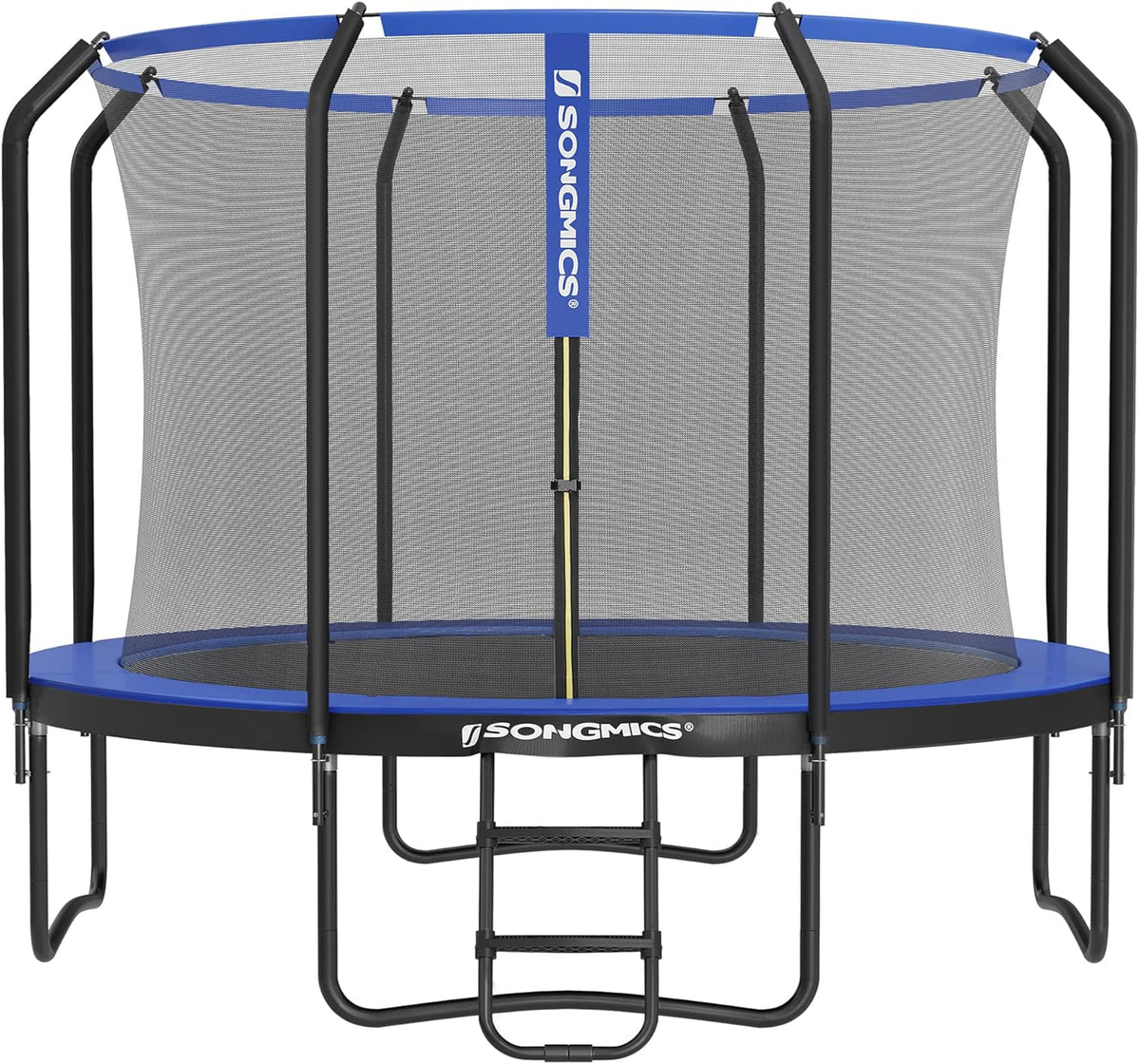 SONGMICS Trampolina Ø 366 cm, trampolina ogrodowa dla dzieci z siatką zabezpieczającą, drążki o wysokości 180 cm, osłona krawędzi, drabinka, rama stalowa, czarno-niebieski STR123Q01