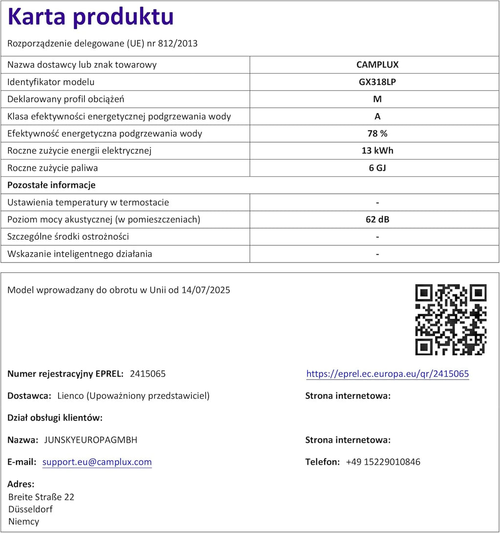 CAMPLUX Climitech 4 Gazowy Podgrzewacz Wody 12-litrowy, LPG, 28-50 mbar, do Łazienka/Kuchni/Balkonu, GX318LP