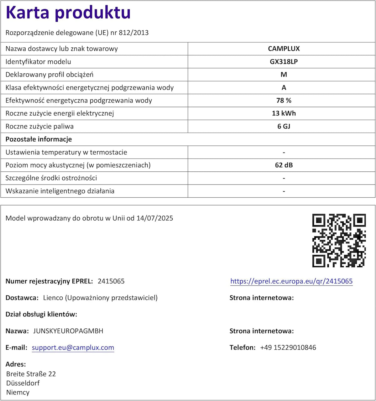 CAMPLUX Climitech 4 Gazowy Podgrzewacz Wody 12-litrowy, LPG, 28-50 mbar, do Łazienka/Kuchni/Balkonu, GX318LP