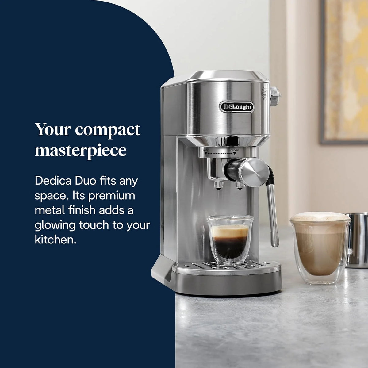 De'Longhi Dedica Duo EC890.M ręczny ekspres do kawy do espresso, cappuccino i cold brow, barman, z wyrzutnią parową do My LatteArt, wyświetlacz dotykowy, szerokość 15 cm, wyjmowany zbiornik 1,1 l,