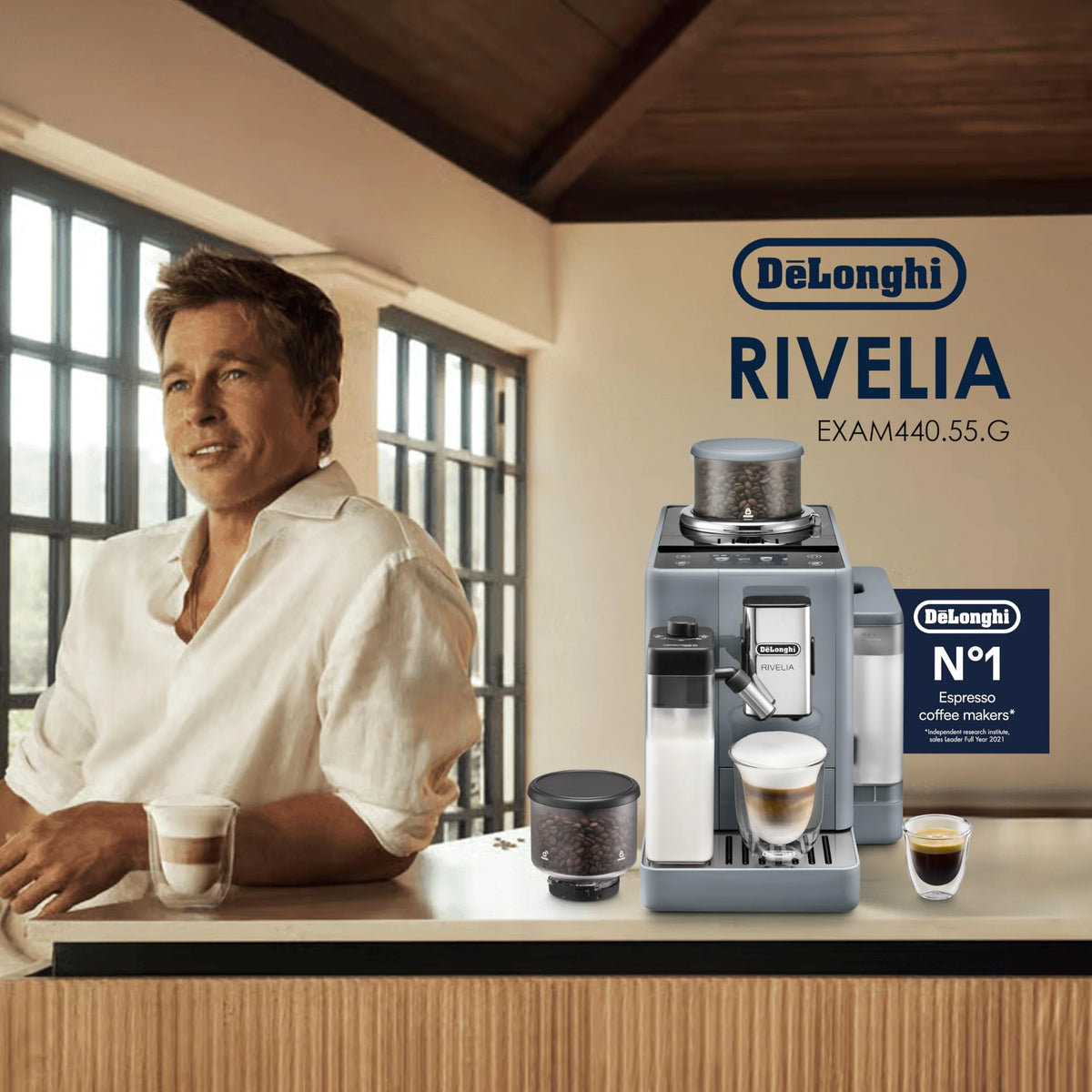 De'Longhi Rivelia EXAM440.55.G, superautomatyczny ekspres do kawy z LatteCrema Hot, automatyczny spieniacz do mleka, kompaktowy rozmiar, 16 przepisów, kolorowy ekran dotykowy, szary