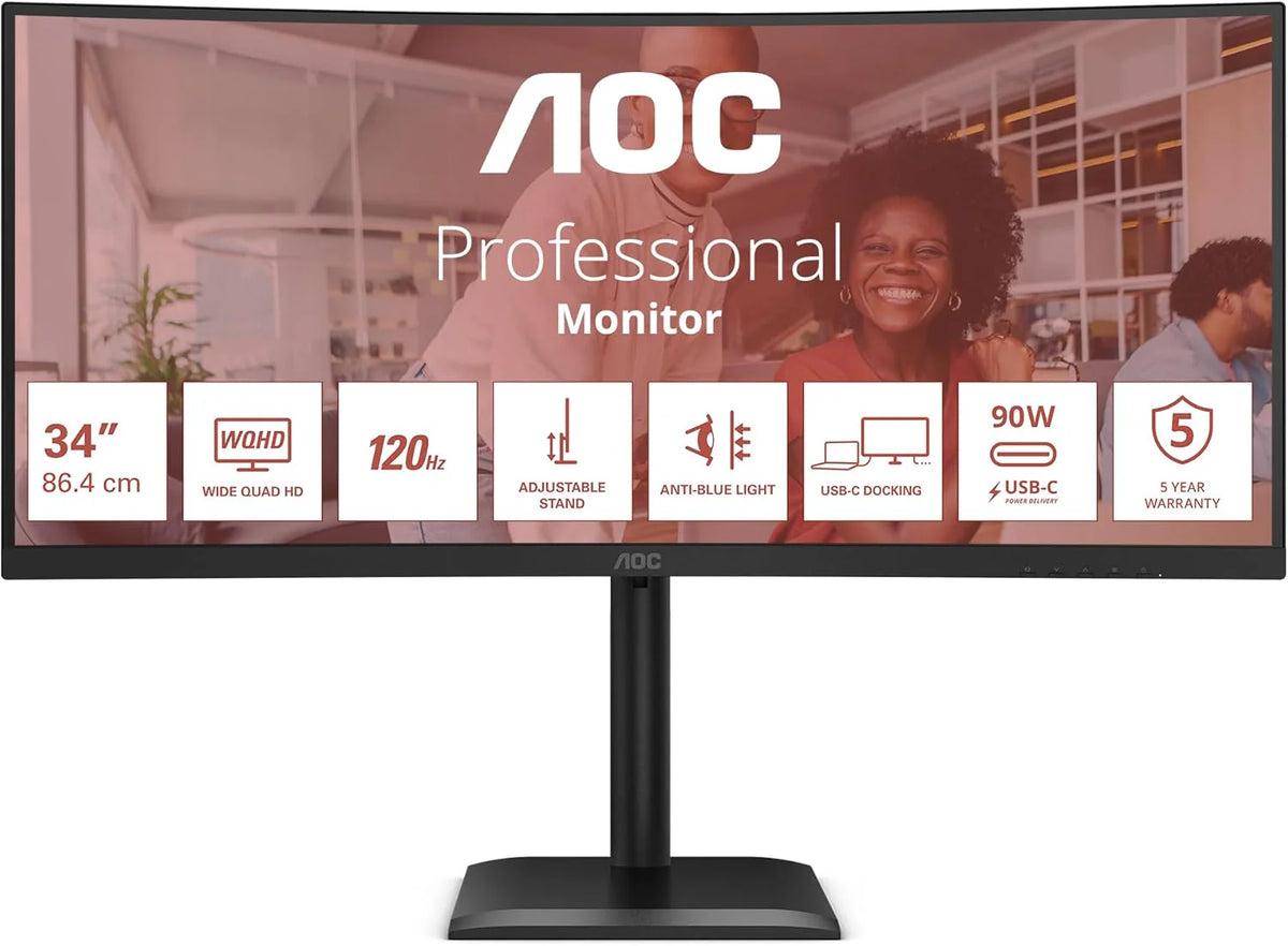 AOC WQHD CU34E4CV 34-calowy monitor, 120 Hz, VA, 4 ms, synchronizacja adaptacyjna, HDR Ready/HDR10, regulacja wysokości, głośniki (3440 x 1440, 2 porty HDMI 2.0, 1 port DP 1.4, koncentrator USB