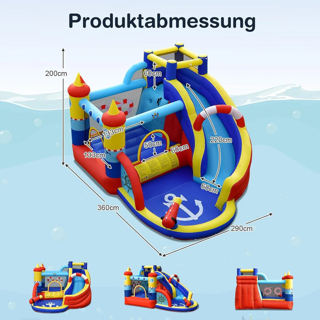 COSTWAY Nadmuchiwany zamek dmuchany z dmuchawą 550 W, park wodny 6 w 1 ze zjeżdżalnią i brodzikiem, do użytku na zewnątrz dla dzieci, do ogrodu, 360 x 290 x 200 cm