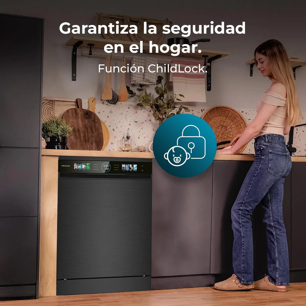 Cecotec Bolero Aguazero 60 cm kompaktowa zmywarka 6320 D, 1900 W, 15 sztućców, 8 programów, wyświetlacz FullColor XXL, Smart Wash, UV Light, Turbo Dry+, AutoClean, Średnie ładowanie, Delay Start