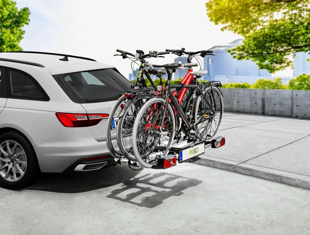 EUFAB 11602 ProBC3 bagażnik rowerowy na 3 rowery/rowery elektryczne, obciążenie użytkowe 60 kg, wstępnie zmontowany, składany za pomocą pedału nożnego, możliwość rozszerzenia na 4, szyny aluminiowe
