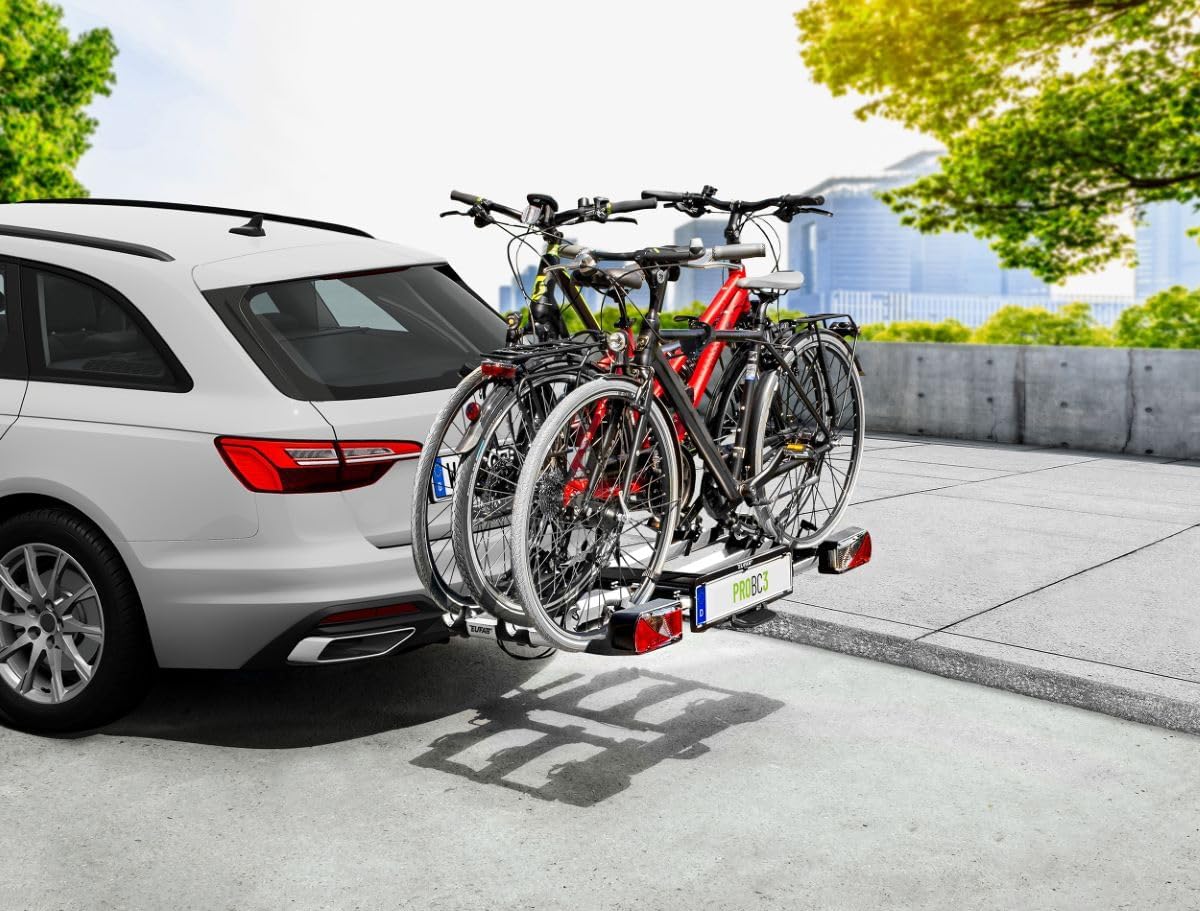 EUFAB 11602 ProBC3 bagażnik rowerowy na 3 rowery/rowery elektryczne, obciążenie użytkowe 60 kg, wstępnie zmontowany, składany za pomocą pedału nożnego, możliwość rozszerzenia na 4, szyny aluminiowe