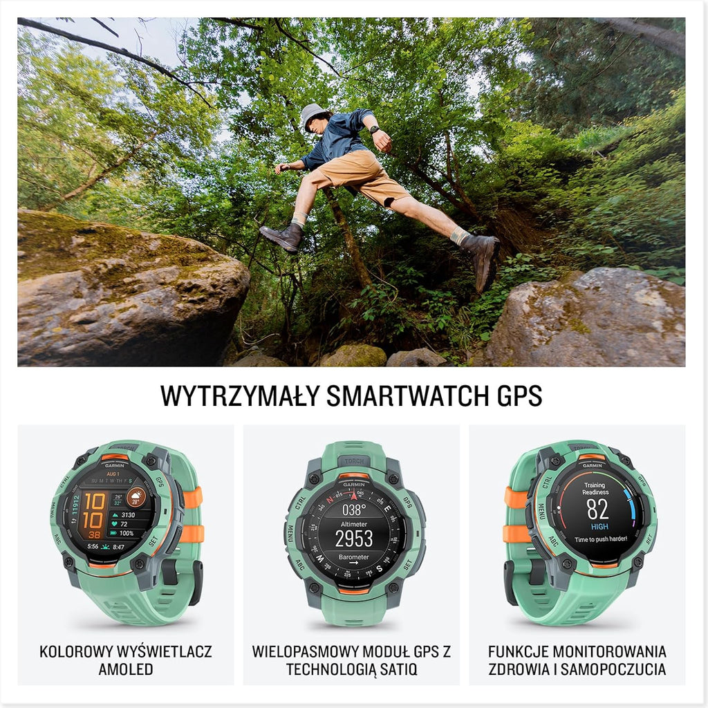 Garmin Instinct 3 SOLAR Wytrzymały Smartwatch GPS, 45 mm, Wbudowane Aplikacje Sportowe i Zdrowotne, Latarka LED, 10ATM, Sunburst