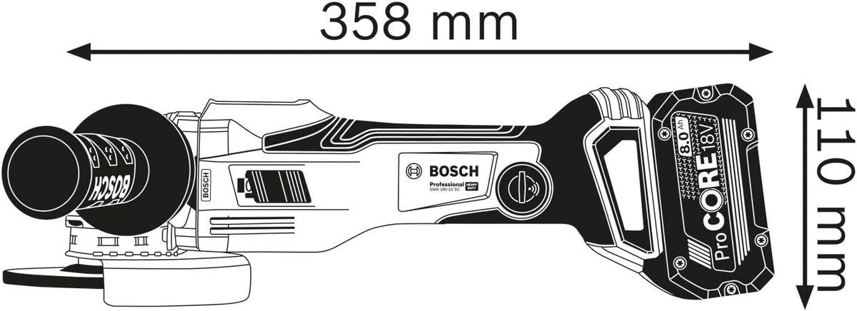 Bosch Professional system 18V: akumulatorowa szlifierka kątowa BITURBO GWX 18V-15 SC (1 moduł Bluetooth, rękojeść dodatkowa, osłona, walizka L-BOXX)