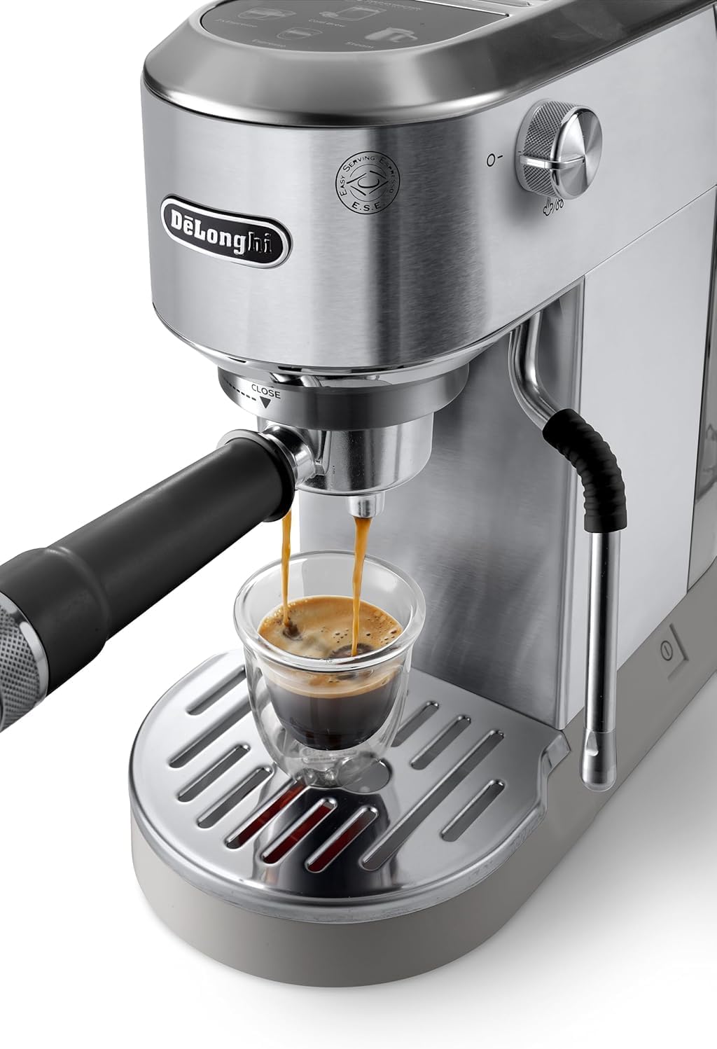 De'Longhi Dedica – Ekspres do kawy ze stali nierdzewnej z pompką do kawy mielonej lub na kapsułki, espresso i cappuccino, zbiornik 1,3 litra, system zapobiegający kapaniu, model EC685.M, kolor metaliczny