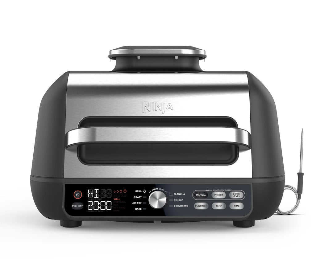 Ninja Foodi MAX PRO Grill, płaska płyta i frytkownica beztluszczowa z cyfrową sondą kuchenną i termometrem, 3,8 l, 7 funkcji gotowania w 1, części można myć w zmywarce, srebrno/czarny, AG651EU