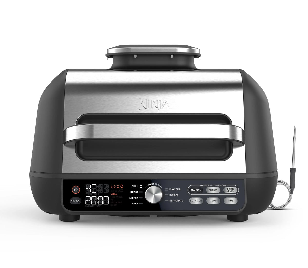 Ninja Foodi MAX PRO Grill, płaska płyta i frytkownica beztluszczowa z cyfrową sondą kuchenną i termometrem, 3,8 l, 7 funkcji gotowania w 1, części można myć w zmywarce, srebrno/czarny, AG651EU