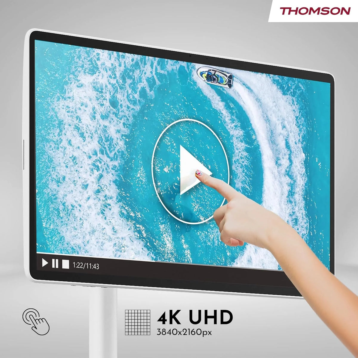 Thomson Go Plus Pro 27-calowy (69 cm) 4K UHD Inteligentny Ekran Dotykowy, Android, Sterowanie Głosowe, Hotspot, Bateria 9000 mAh, Kamera 5MP, Subwoofer, WiFi 6, Bluetooth, Przenośny Stojak
