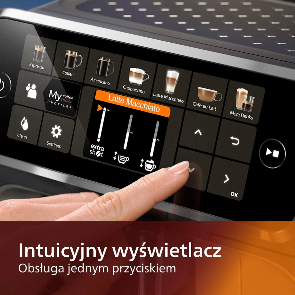 Philips 5400 Series W pełni automatyczny Ekspres do Kawy – Spieniacz LatteGo, 12 Rodzajów Napojów, Intuicyjny Wyświetlacz, 4 Profile Użytkownika, Filtr AquaClean w zestawie, Kolor Chrom (EP5447/90)