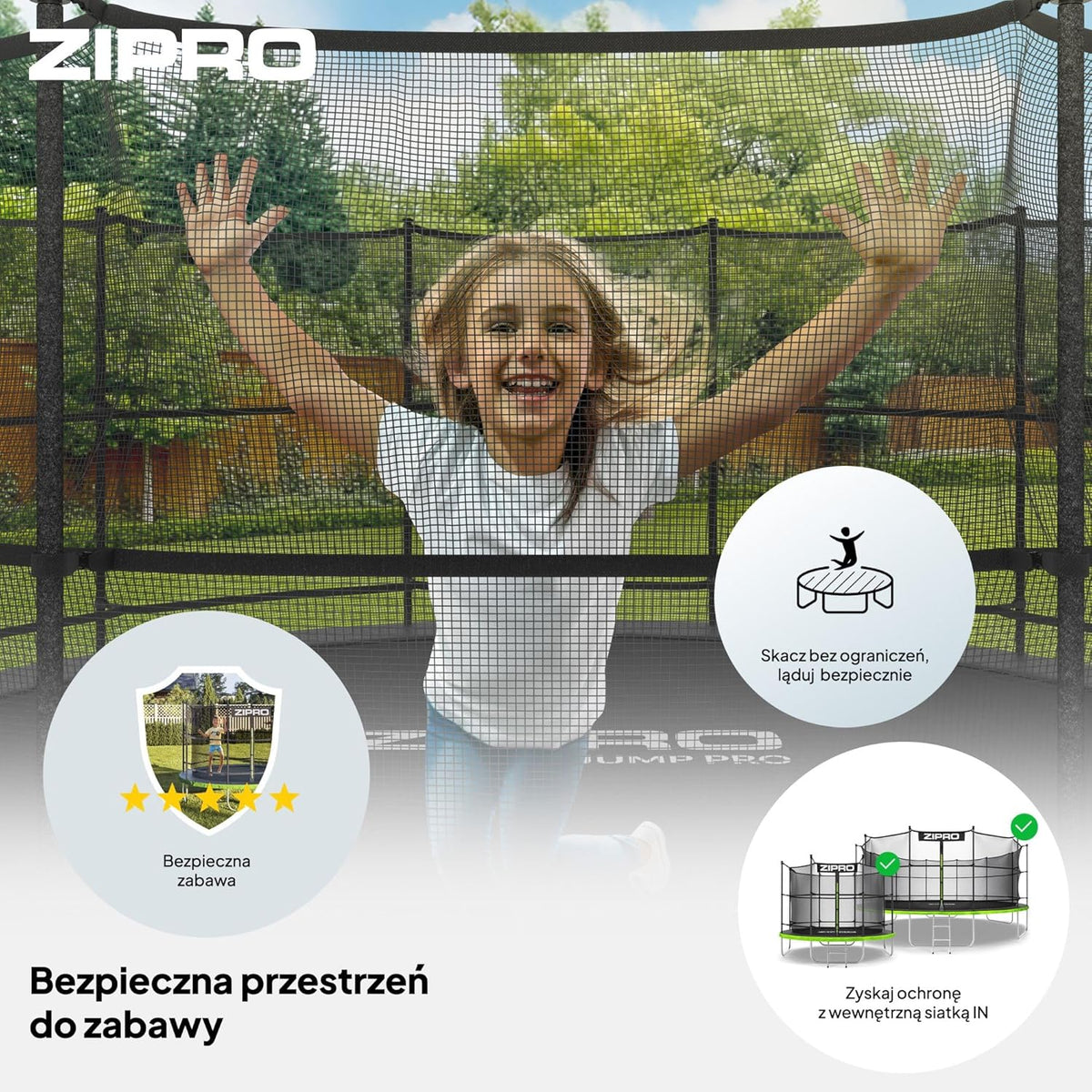 ZIPRO JumpPro IN Trampolina Ogrodowa, Trampolina dla Dzieci, z Siatką Wewnętrzną, Odporna na Warunki, Ochrona UV, Udźwig 100-150 kg, Ø 183/252/312/374/435/496 cm