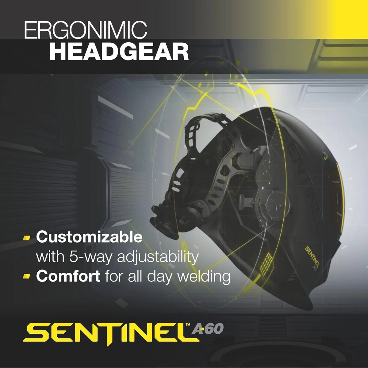 ESAB® Sentinel™ A60 kask spawalniczy, czarna, płaska konstrukcja, odporny na uderzenia nylon, duży obszar widzenia 11,8 x 7,1 cm