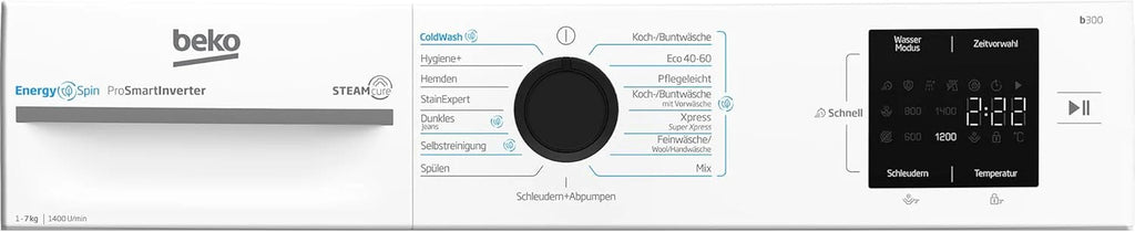 Beko BM3WFU3741X pralka wolnostojąca, 7 kg, EnergySpin, wybór wirowania 1400 obr./min, funkcja pary, higiena + nadaje się dla alergików, oszczędność wody i czasu, kolor biały