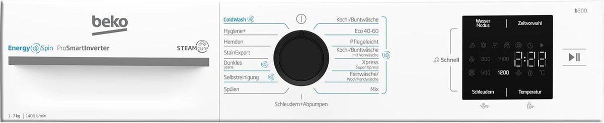 Beko BM3WFU3741X pralka wolnostojąca, 7 kg, EnergySpin, wybór wirowania 1400 obr./min, funkcja pary, higiena + nadaje się dla alergików, oszczędność wody i czasu, kolor biały