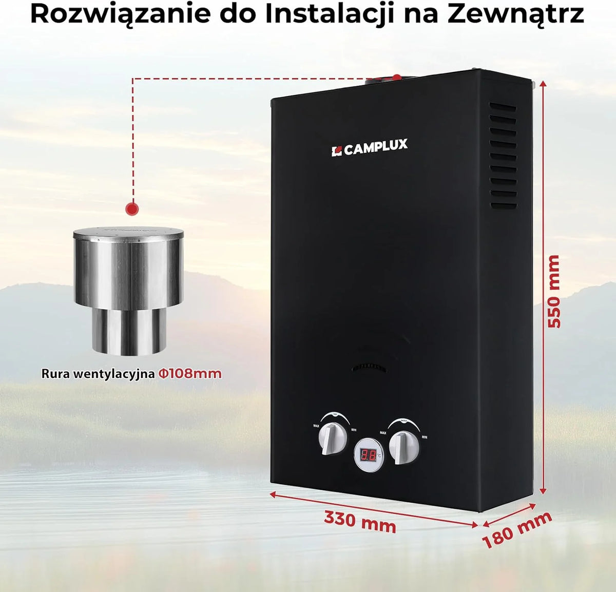 CAMPLUX 10 litrów gazowy podgrzewacz wody z pompą wodną BW264BCP120-DE, bezzbiornikowy zewnętrzny prysznic gazowy do mycia koni/kemping/podróży RV, 50mbar, LPG