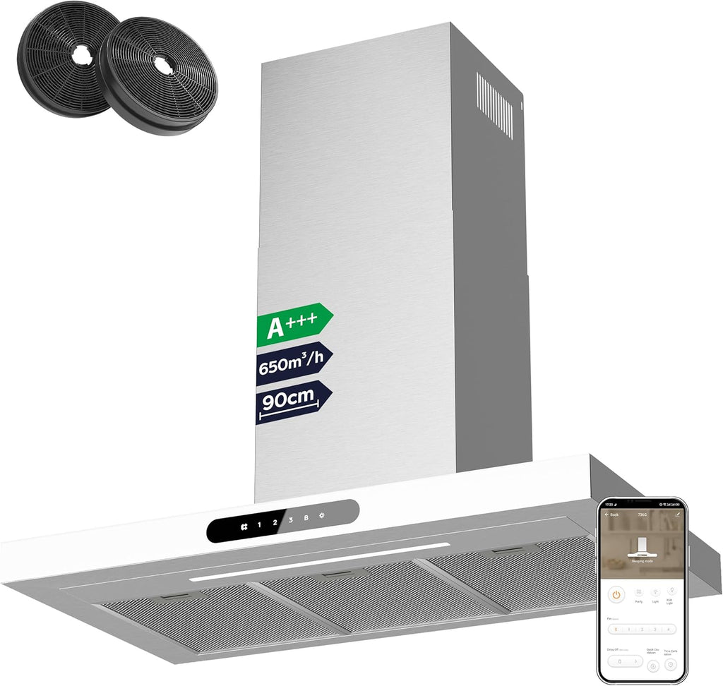 Ciarra Dynamic A+++ okap kuchenny 90 cm recyrkulacja CBCW9102 App SensorTouch sterowanie odprowadzanie powietrza okap wyciągowy 650 m³/h z możliwością przyciemniania oświetlenia LED okap ścienny stal