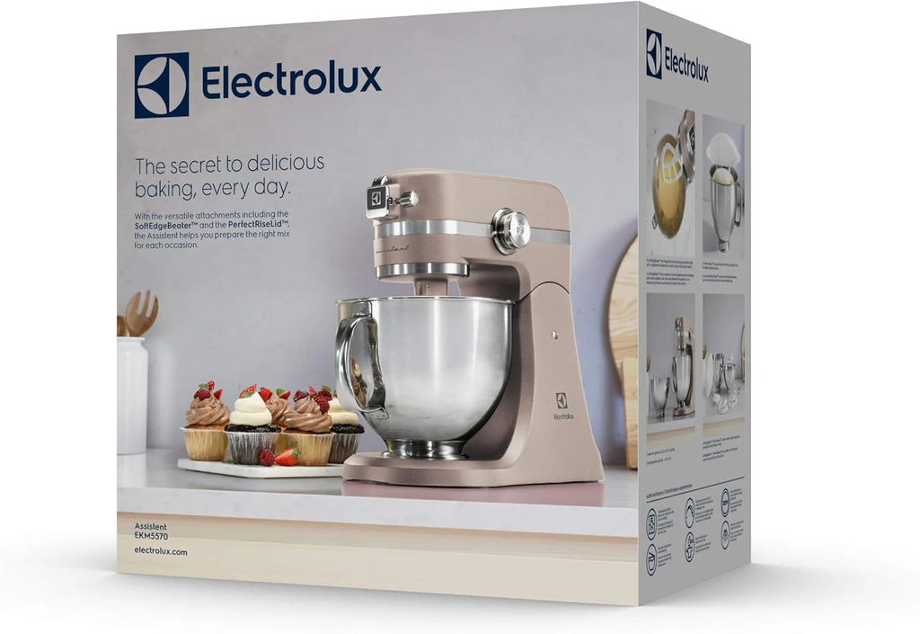 Electrolux Robot Kuchenny 1200 W, 10 prędkości + f. pulsacyjna, Oświetlenie LED misy, 2 misy o pojemności 4,8l i 2,9l, W Zestawie: Hak, Trzepaczka, Ubijaczka, Silikonowa Łyżka, Pokrywa, EKM5570,Beżowy