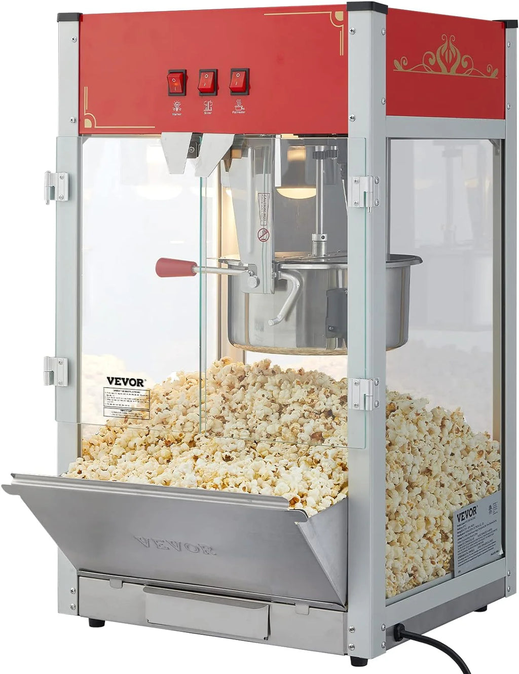VEVOR Maszyna do popcornu – maszyna do popcornu 1440 W, z kociołkiem o pojemności 12 oz, na maks. 80 filiżanek na ładowanie, z hartowanego szkła i 3 łopatkami ze stali nierdzewnej