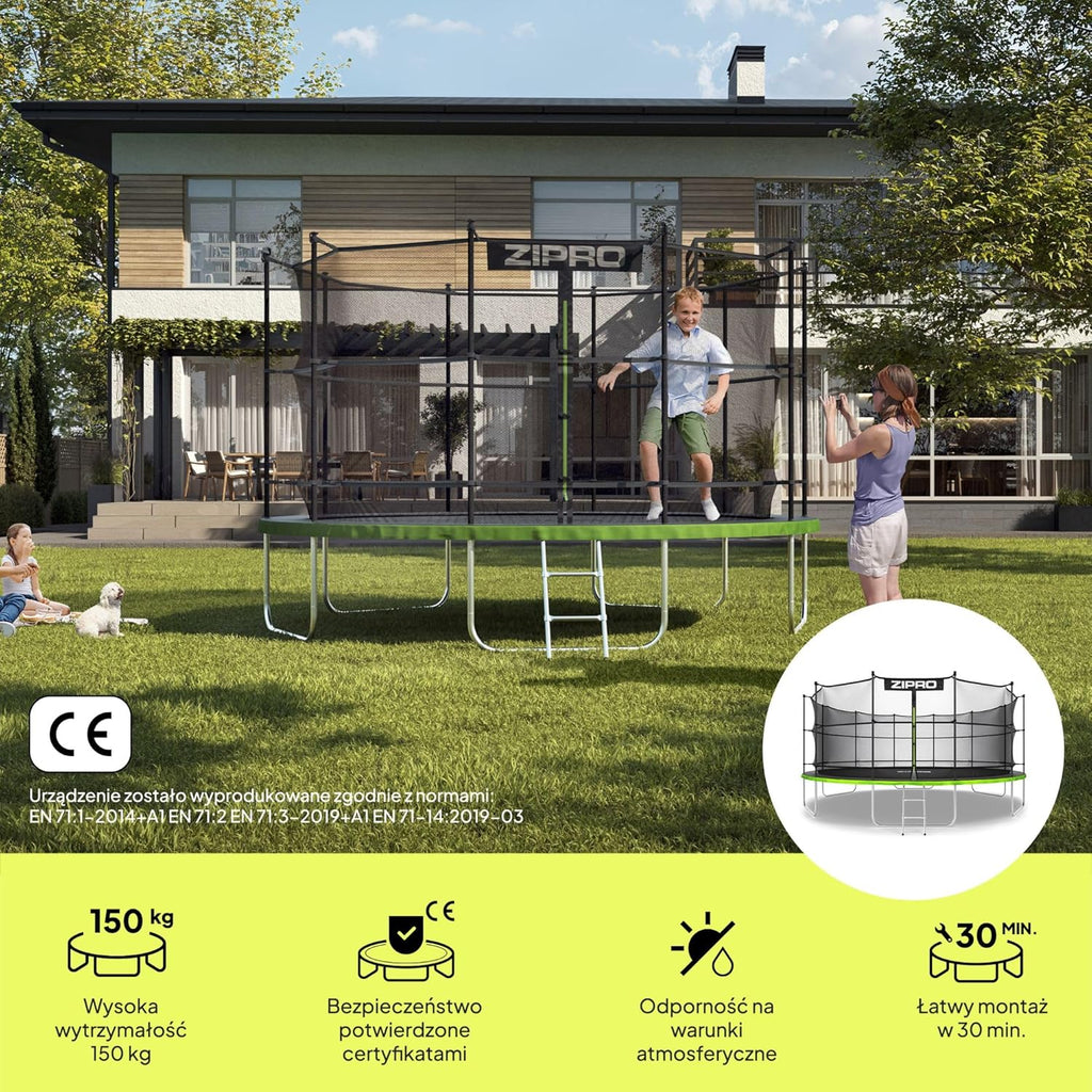 ZIPRO JumpPro IN Trampolina Ogrodowa, Trampolina dla Dzieci, z Siatką Wewnętrzną, Odporna na Warunki, Ochrona UV, Udźwig 100-150 kg, Ø 183/252/312/374/435/496 cm